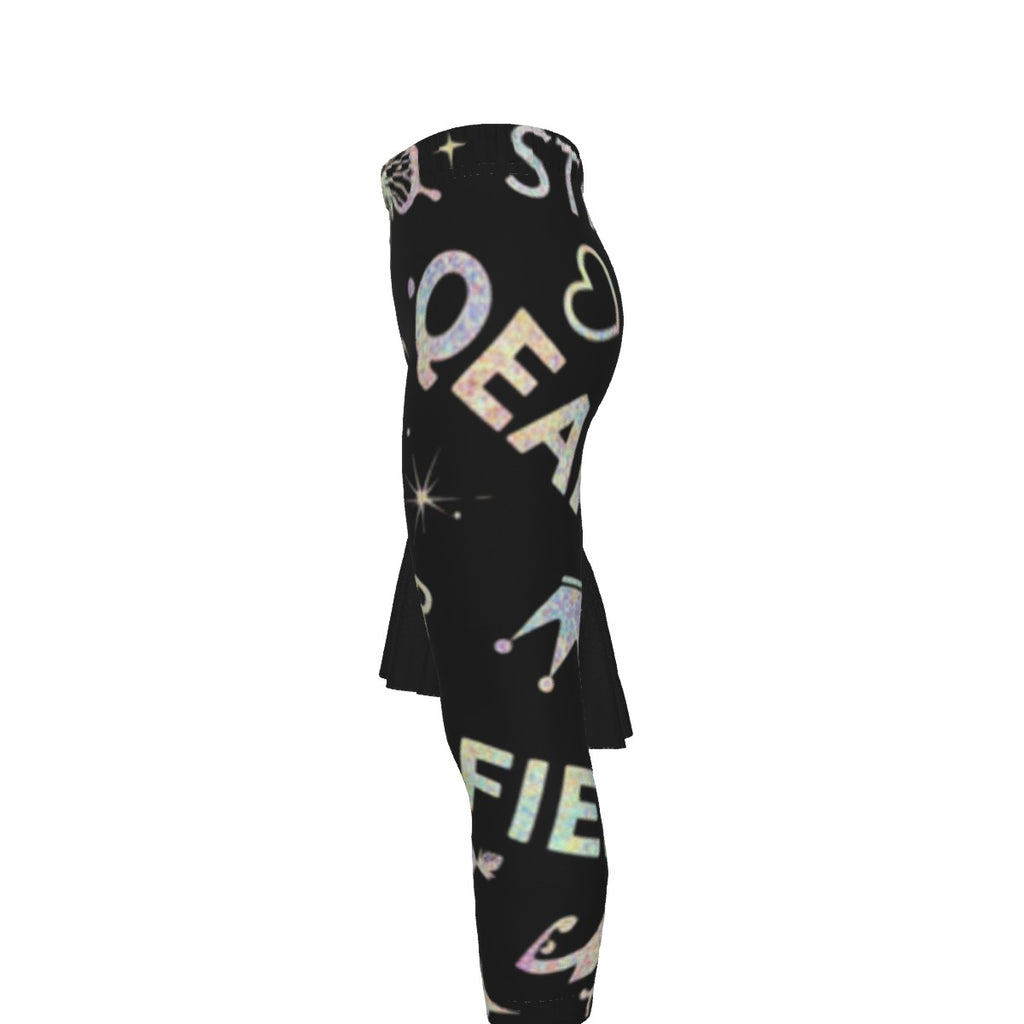 Leggings neri con motivo spaziale e tunica nera svasata con grafica viola.
