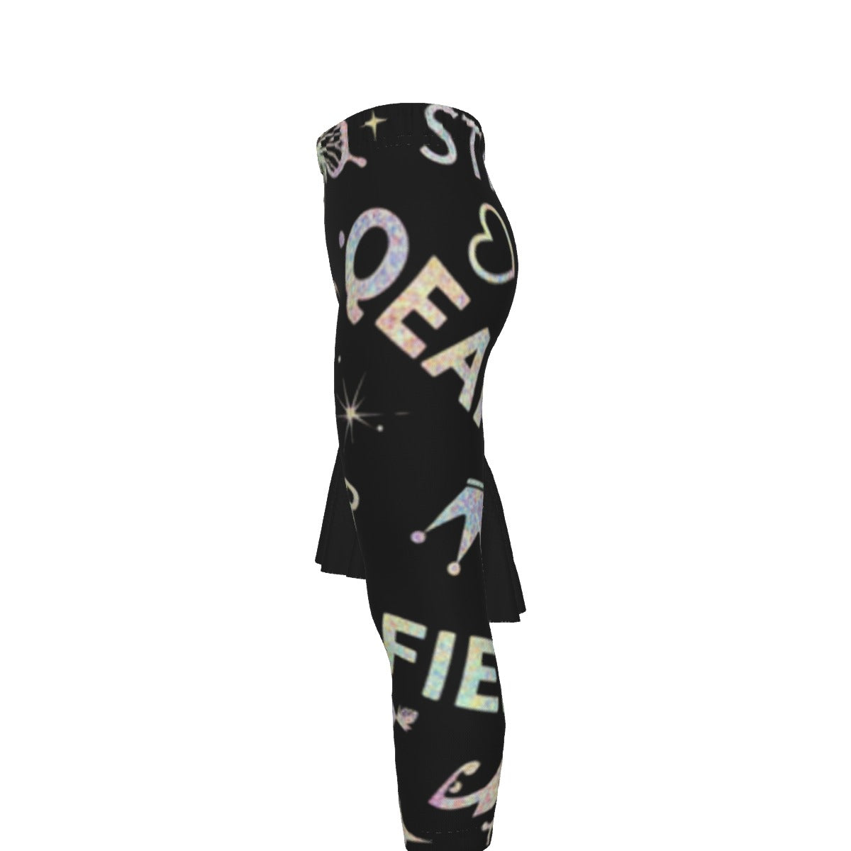 Leggings neri con motivo spaziale e tunica nera svasata con grafica viola.
