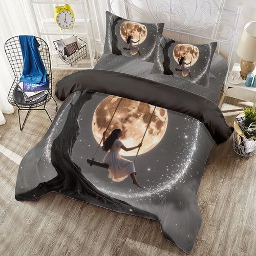 Copripiumino nero con stampa grigio scuro, luna e figura; include federe