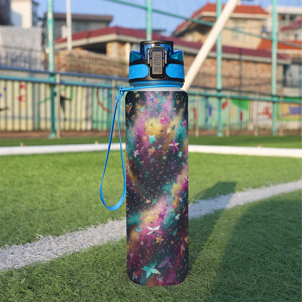 Bottiglia d’acqua sport 32 oz con motivo stellare, tappo e manico blu