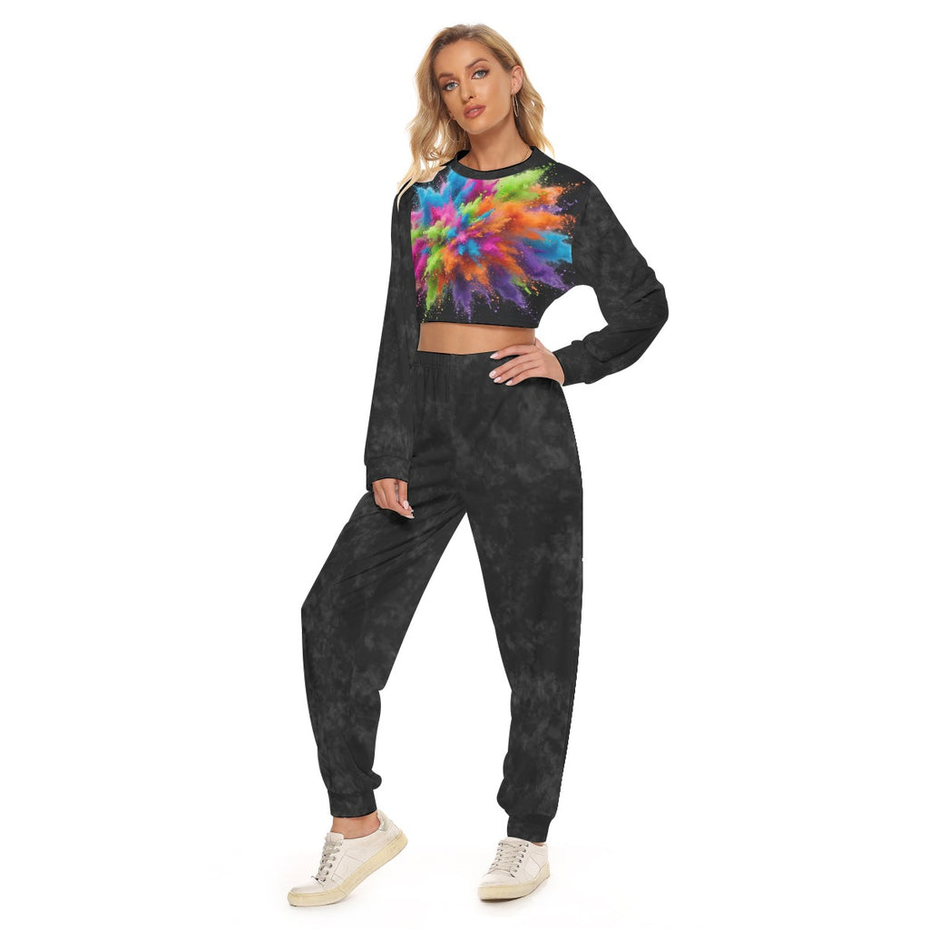 Tuta donna nera con stampa multicolor sul top e vita scoperta, pantaloni jogger