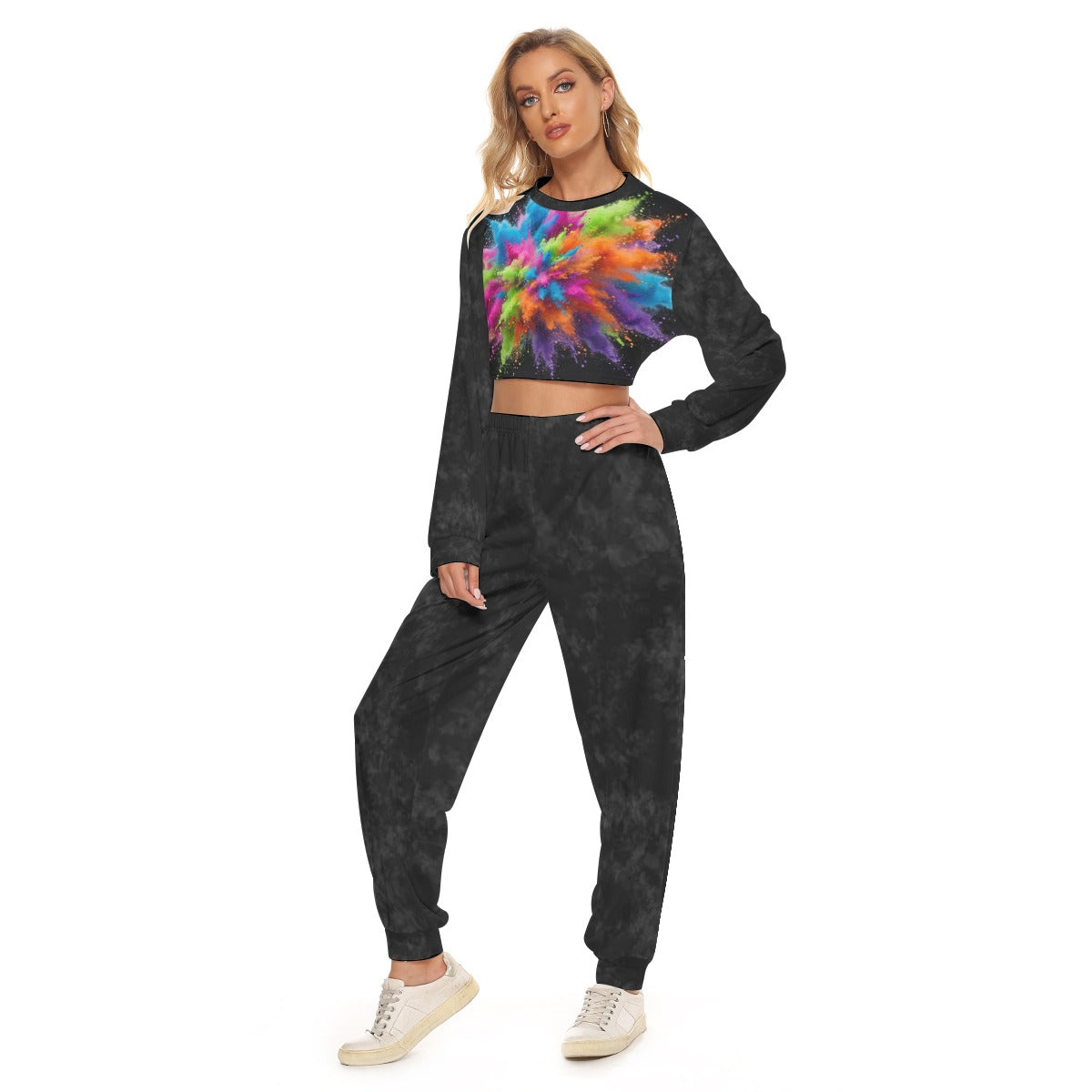 Tuta donna nera con stampa multicolor sul top e vita scoperta, pantaloni jogger