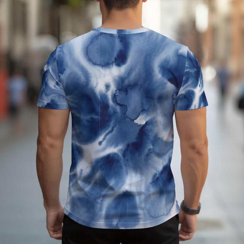 T-shirt da uomo blu tie-dye con stampa sul retro, maniche corte e girocollo