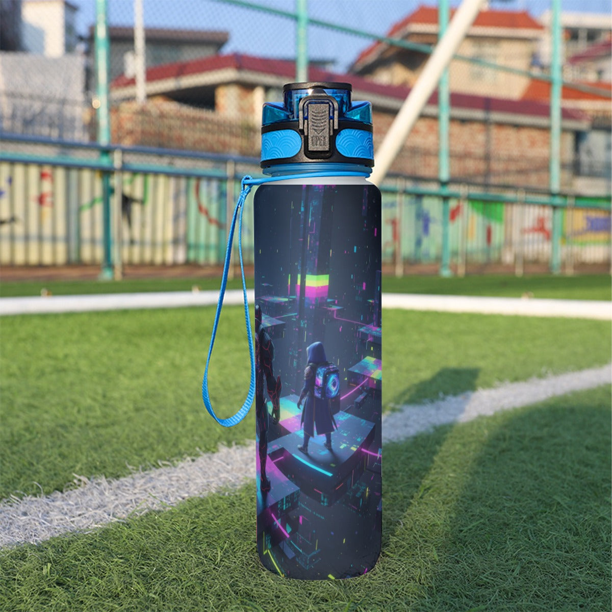 Borraccia sportiva 32oz blu scuro con grafica multicolore, tappo blu e passante