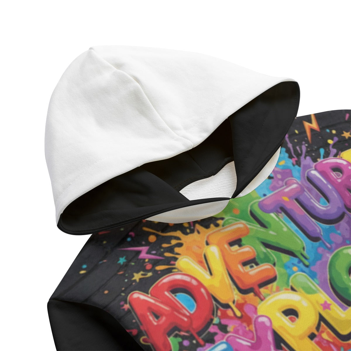 Felpa con cappuccio bianco e maniche nere, dettaglio scollo con stampa