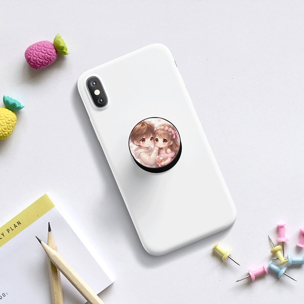 Supporto airbag per telefono cellulare su telefono bianco: disco rotondo con grafica anime