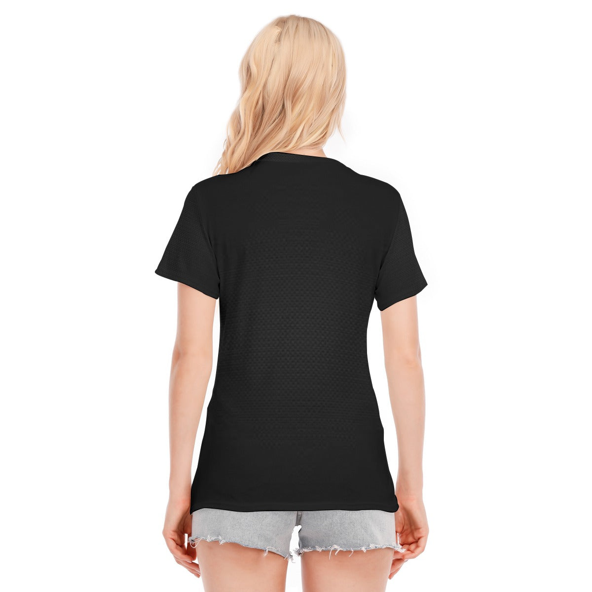 T-shirt donna nera con scollo rotondo, vista posteriore liscia