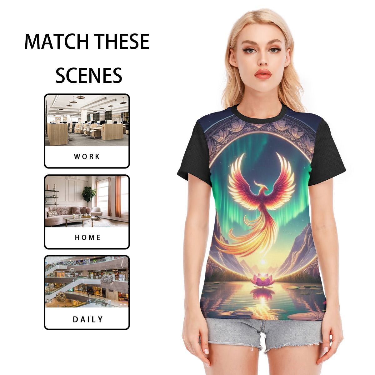 T-shirt donna nera con stampa fenice multicolore e girocollo, orlo dritto