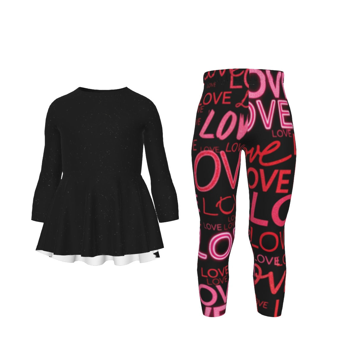 Tuta bambina nera: maglia maniche lunghe svasata e pantaloni con scritte LOVE rosa