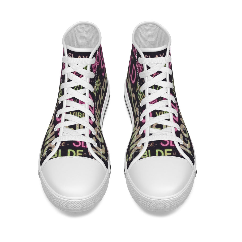 Scarpe alte canvas bambina con punta bianca, lacci bianchi e stampa multicolore