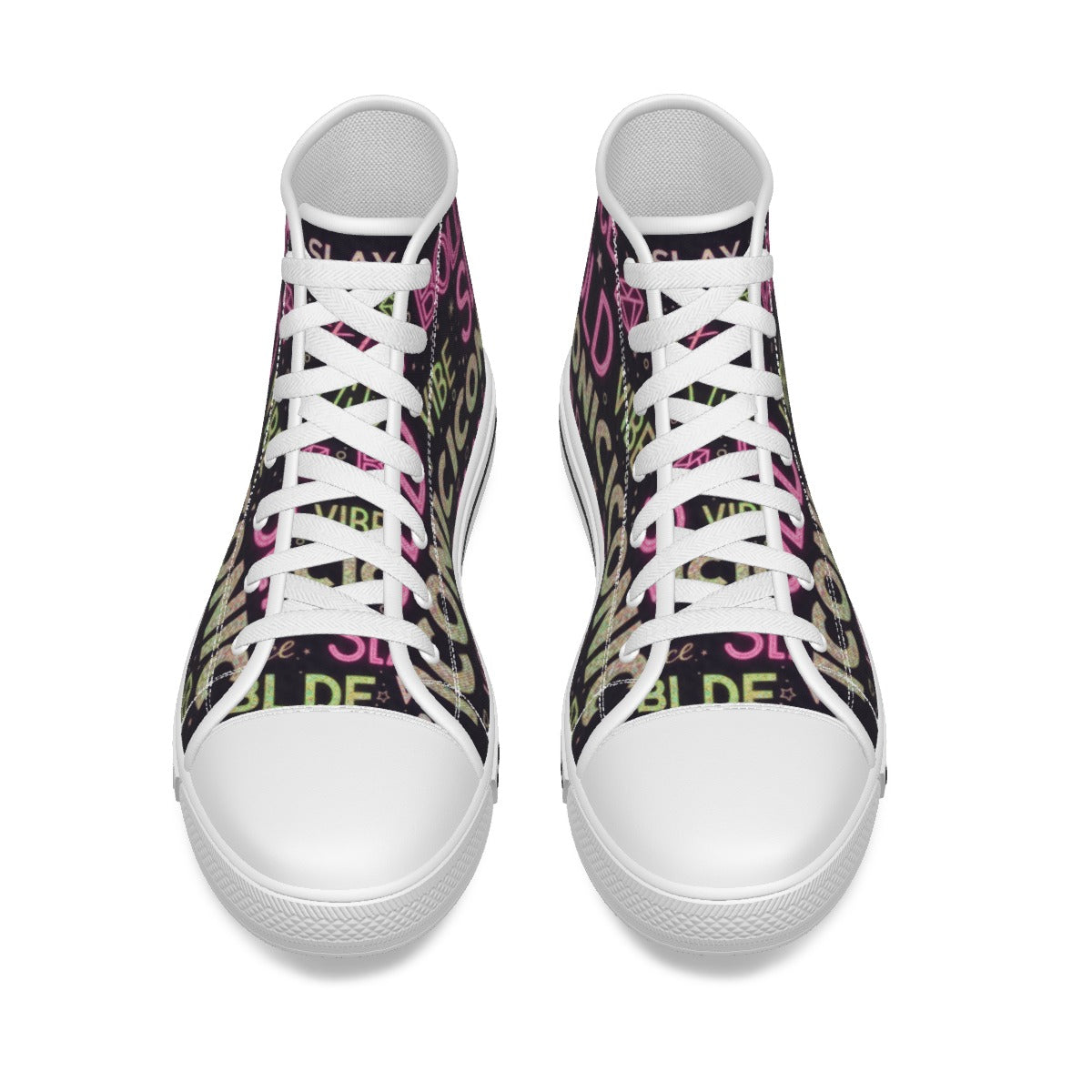 Scarpe alte canvas bambina con punta bianca, lacci bianchi e stampa multicolore