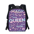 Zaino per studenti viola con stampa "MAGIC QUEEN" e dettagli neri, spallacci