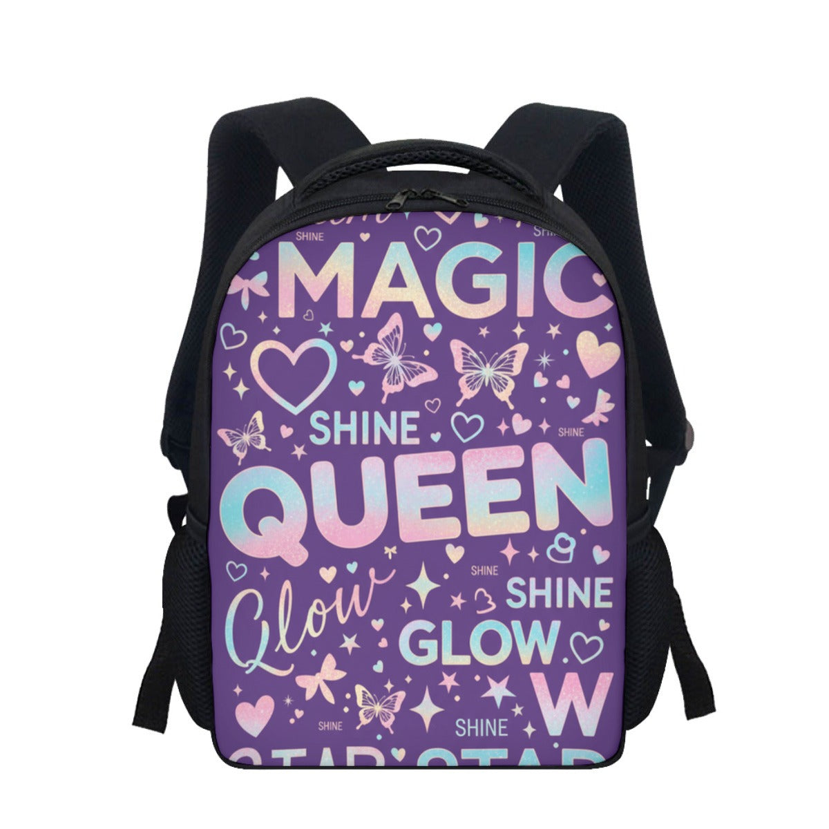 Zaino per studenti viola con stampa "MAGIC QUEEN" e dettagli neri, spallacci