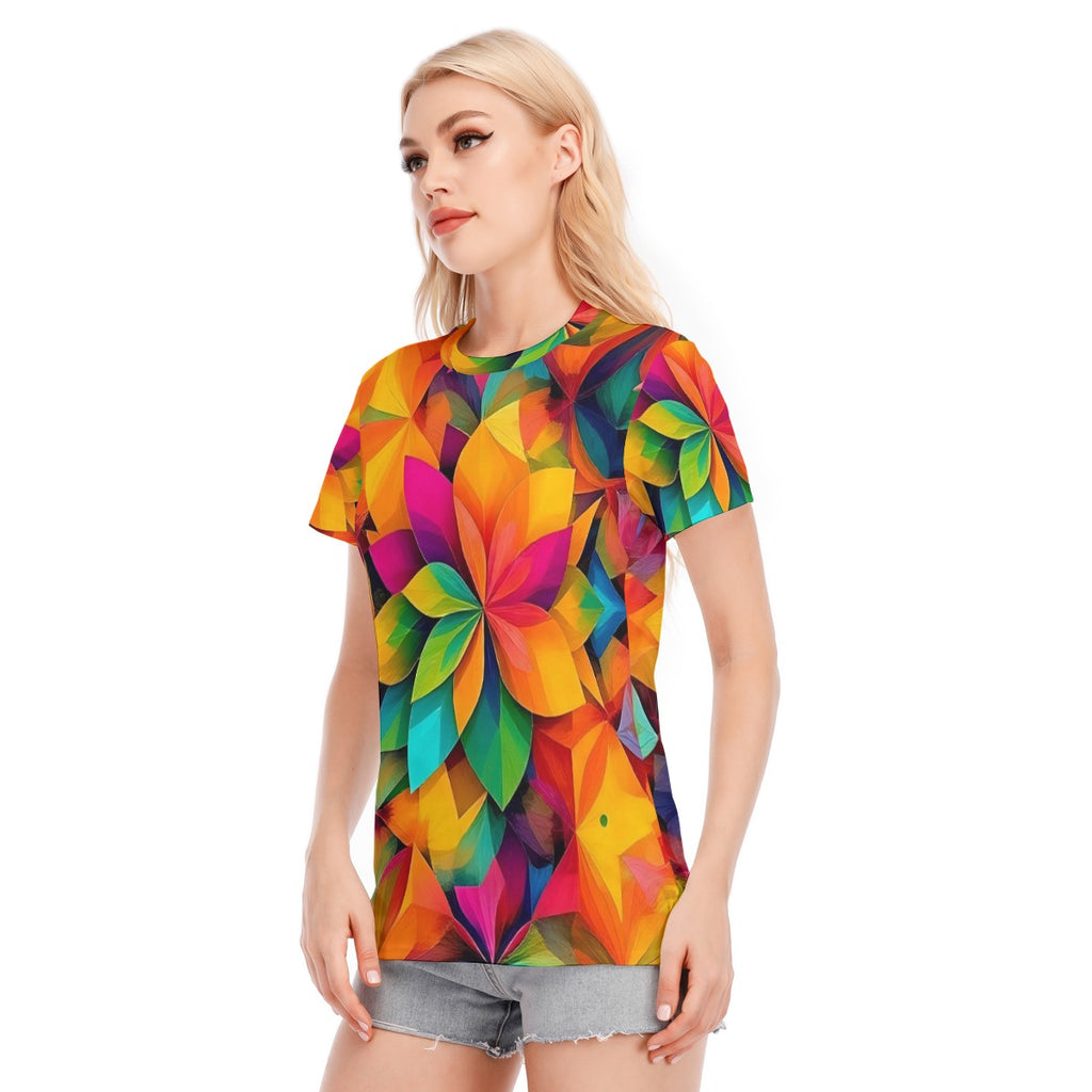 Maglietta da donna con motivo floreale multicolore e girocollo, maniche corte