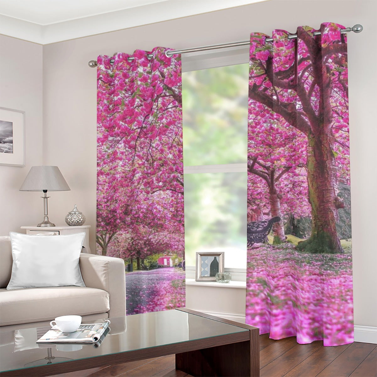 Tenda con occhielli a stampa fiori di ciliegio, pannello rosa e viola con alberi
