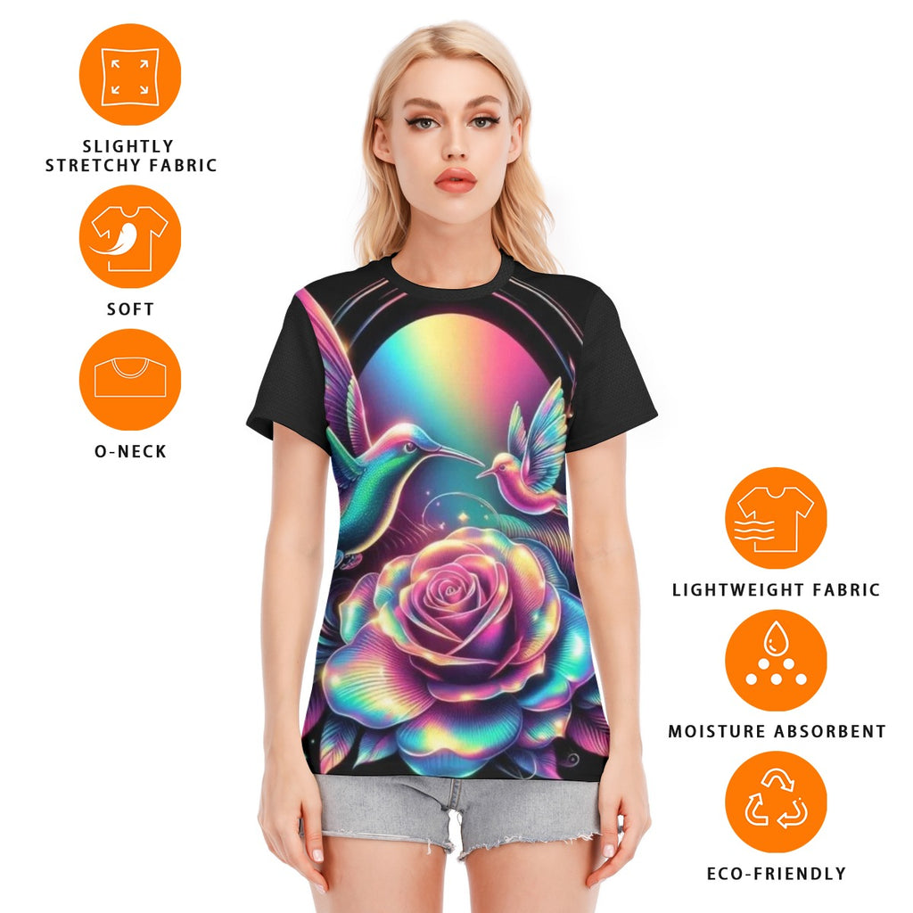 T-shirt donna nera con stampa rosa arcobaleno e colibrì, scollo rotondo