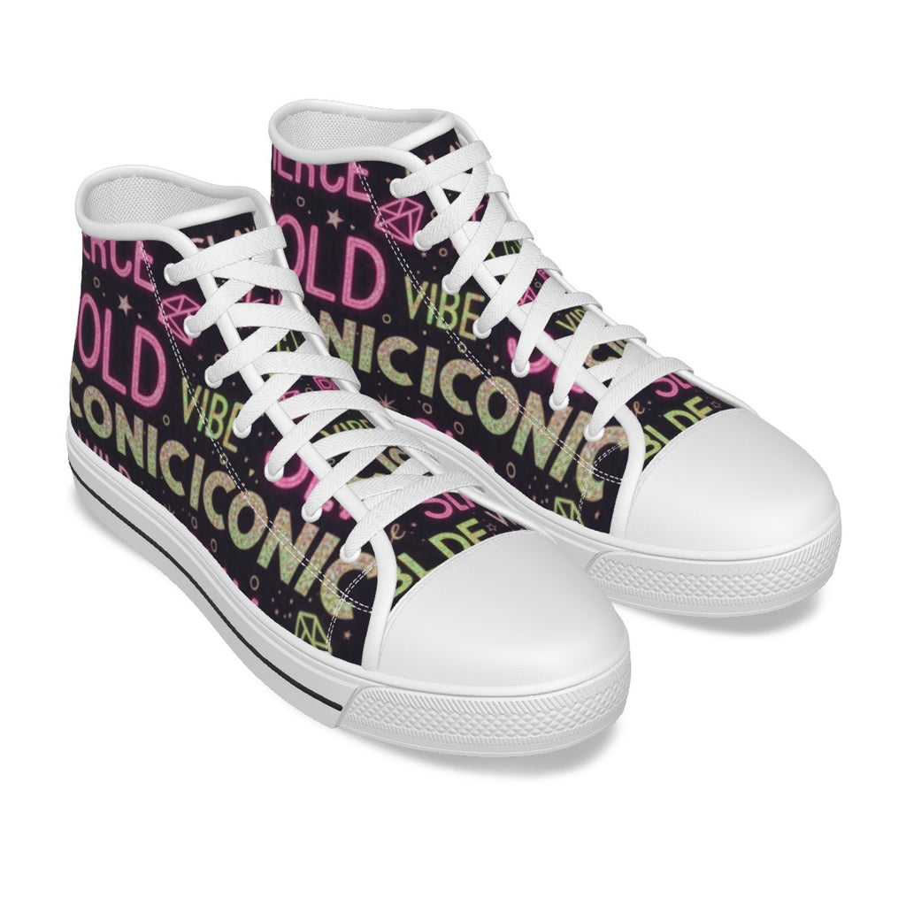 Scarpe alte in canvas bambina bianche con lacci e stampa grafica multicolore