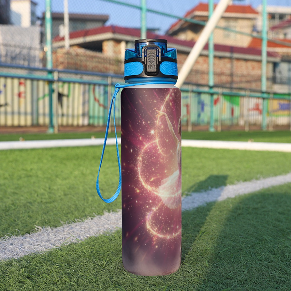 Borraccia sportiva 32 oz con motivo galassia, tappo blu e laccetto blu