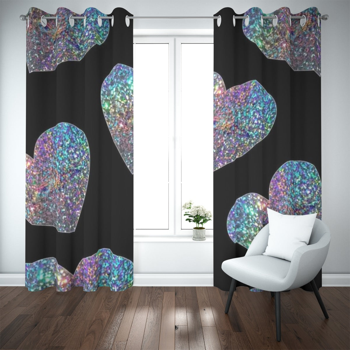 Tenda oscurante con occhielli metallici e cuori multicolore, fondo scuro