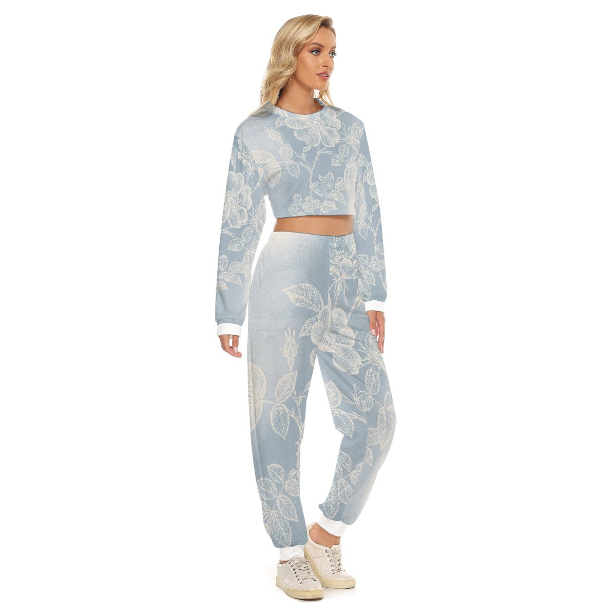 Tuta donna azzurro chiaro a fiori con felpa e pantaloni jogger, vista laterale