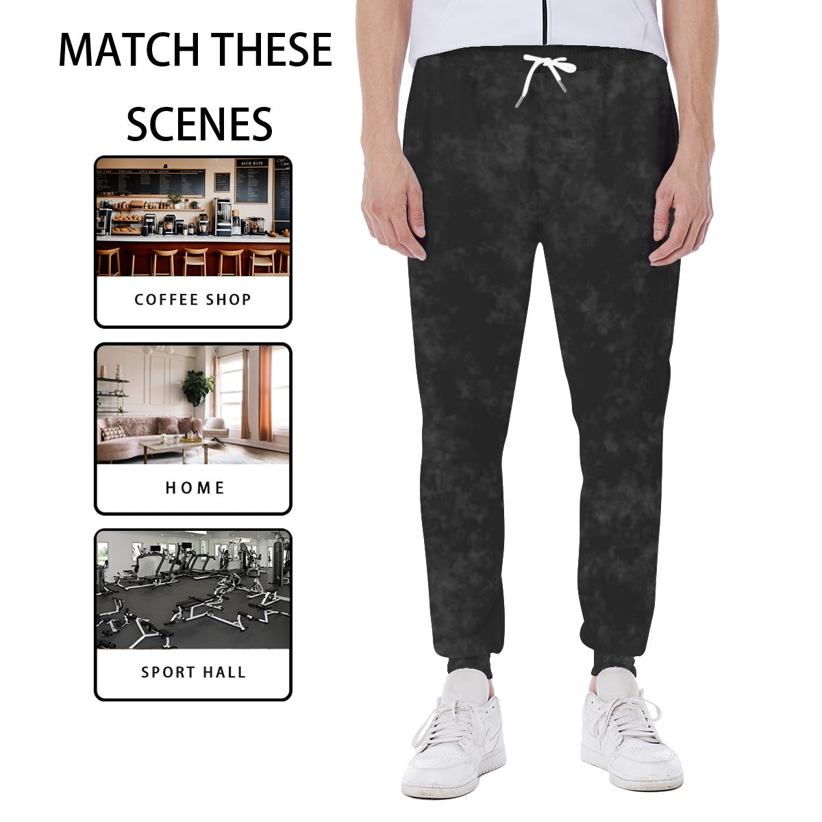 Pantaloni da uomo neri con stampa sfumata, vita con coulisse e polsini elastici