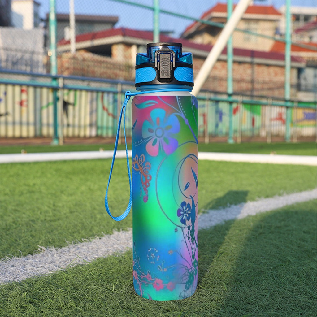 32 oz spor su şişesi, mavi kapaklı, çiçek desenli renkli matara