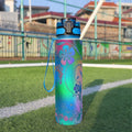 32 oz spor su şişesi, mavi kapaklı, çiçek desenli renkli matara