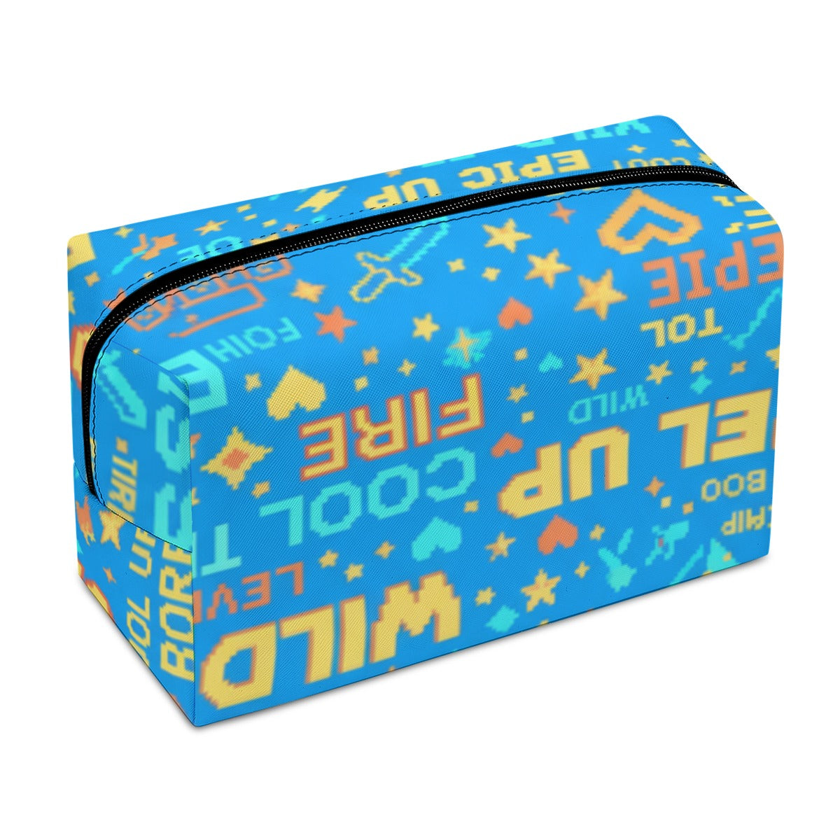 Astuccio cosmetici in PU blu con zip nera e stampa ripetuta tipo pixel