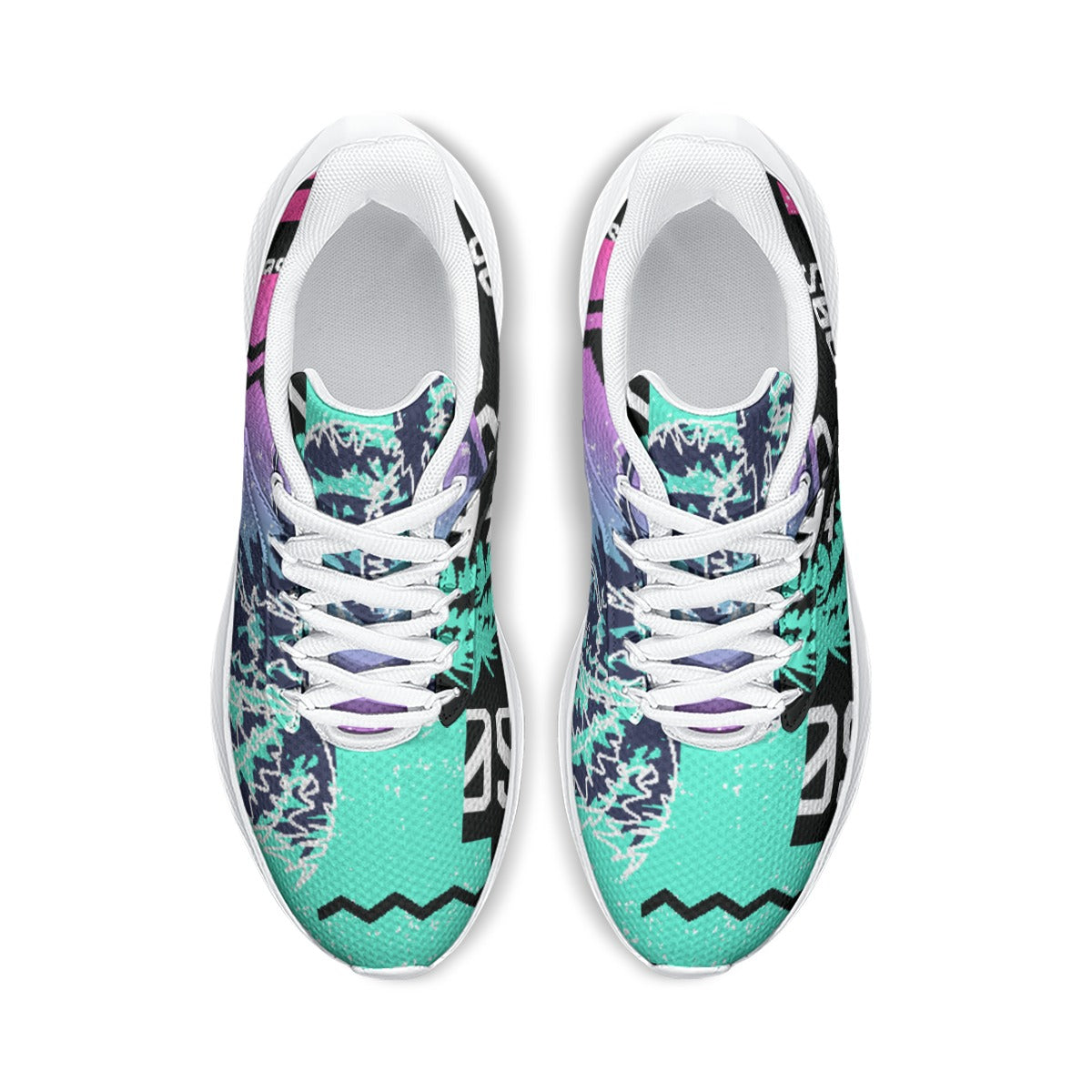 Scarpe da running bianche con fantasia verde e viola, lacci e suola bianca