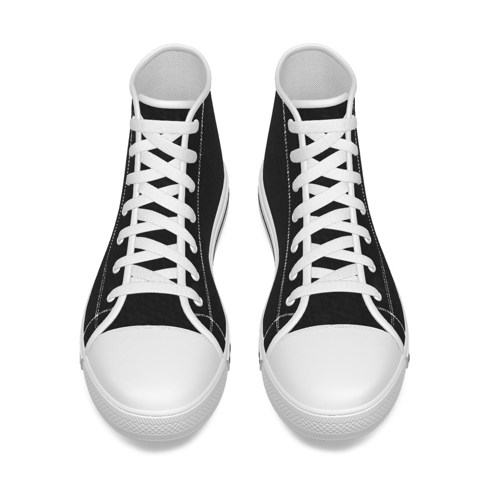 Scarpe canvas bambini alte nere con lacci bianchi e suola in gomma bianca