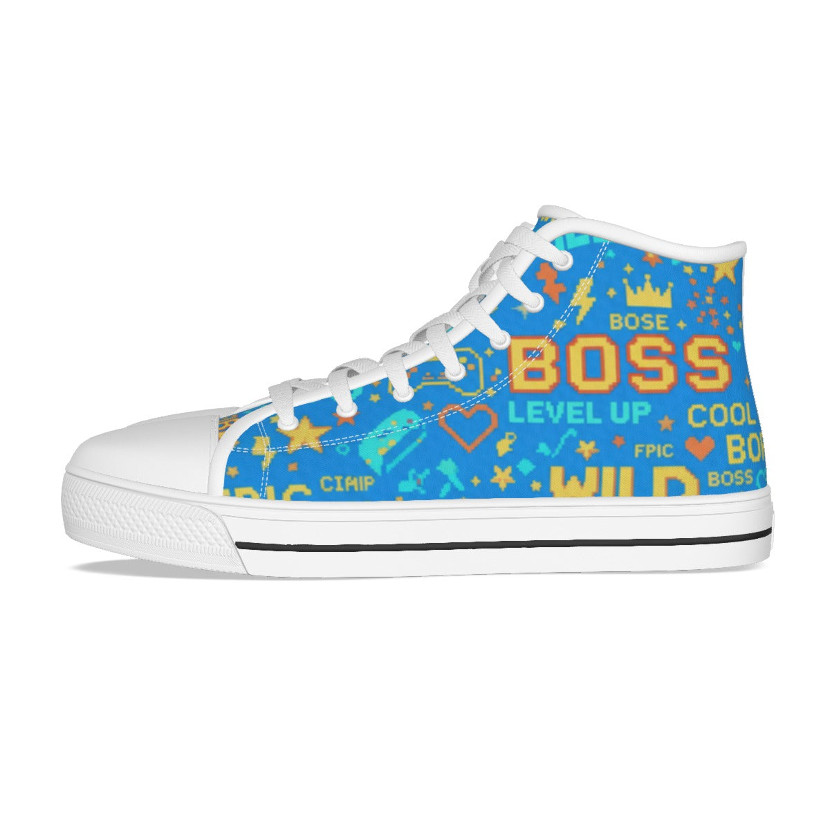 Scarpe canvas alte bambino blu con stampa grafica, punta bianca e suola nera