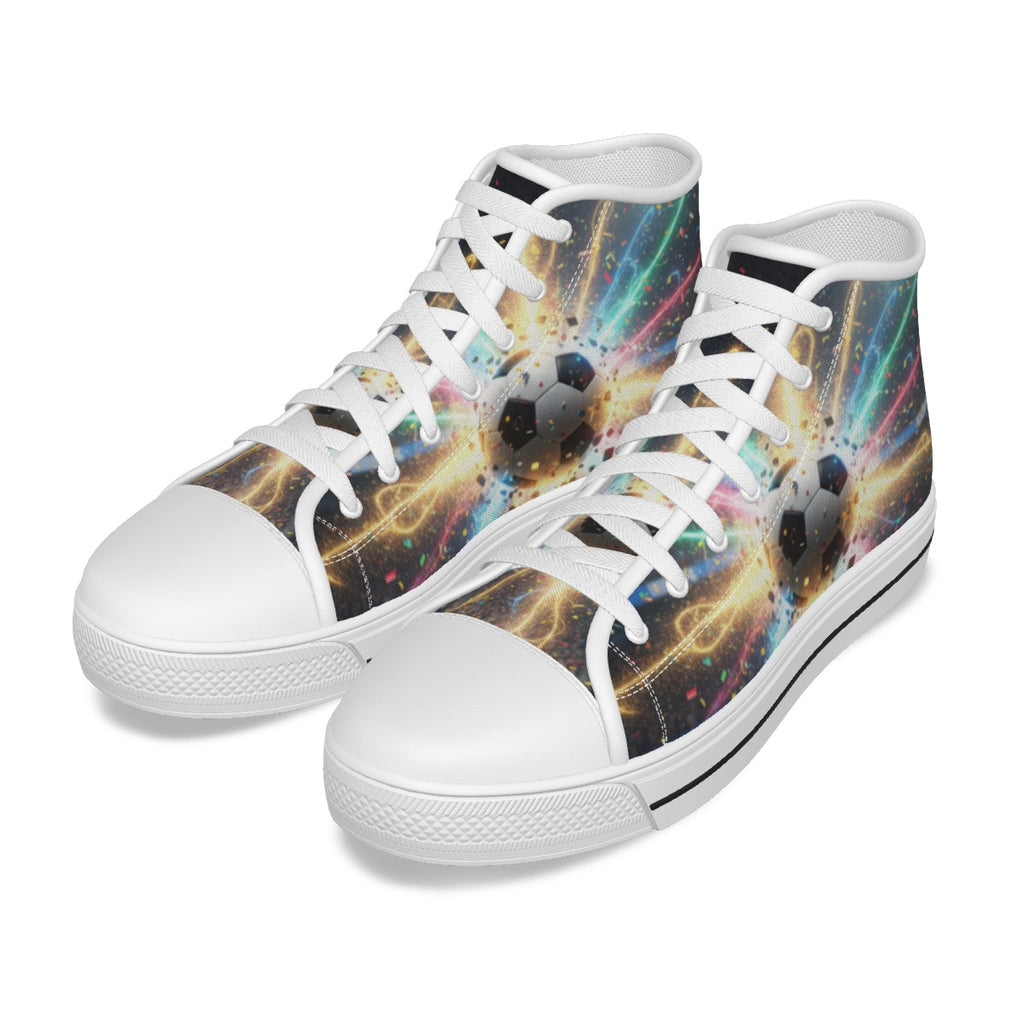 Scarpe da bambino in tela con stampa spaziale multicolore, coppia in prospettiva frontale