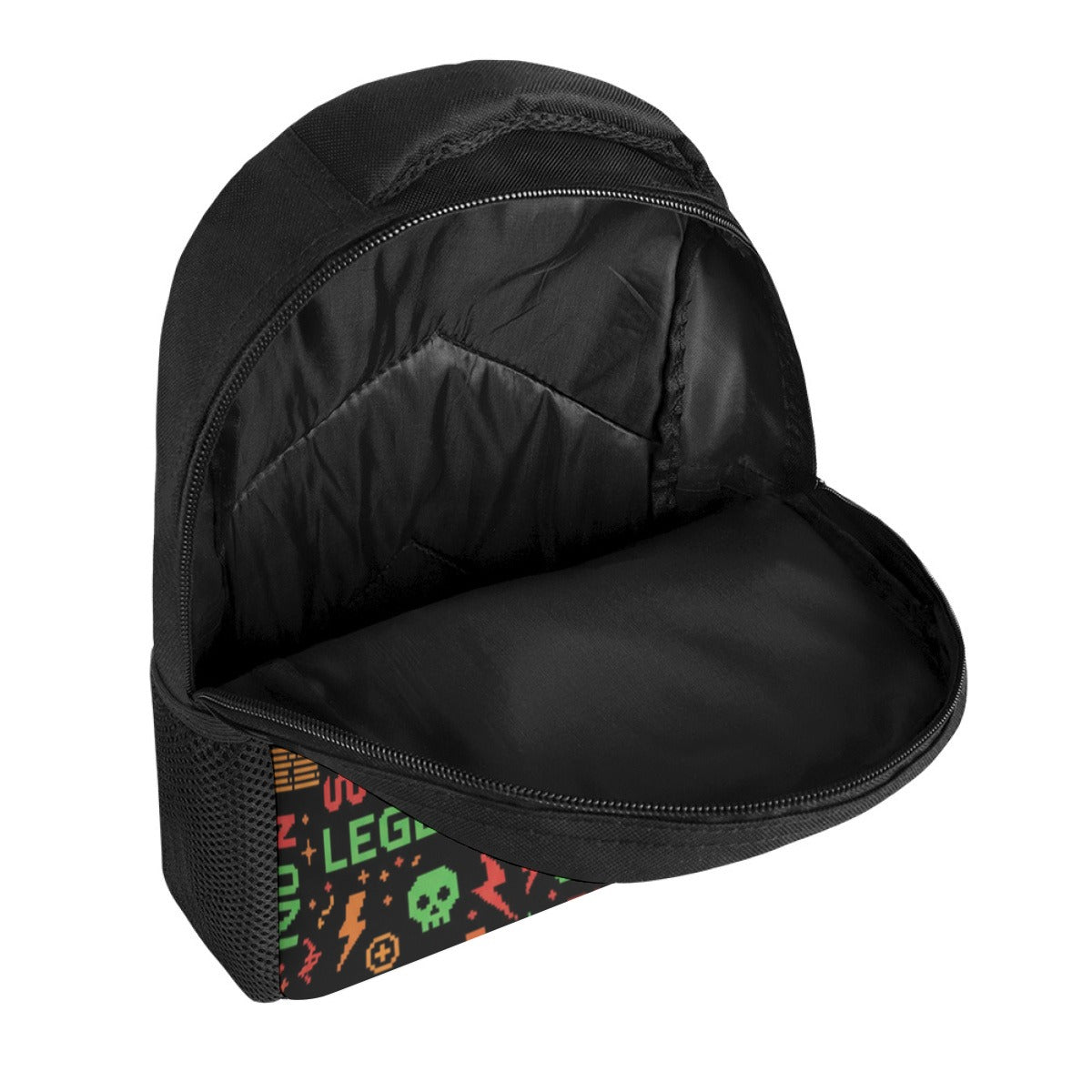 Zaino scolastico nero con tasca frontale con pattern colorato e apertura con zip