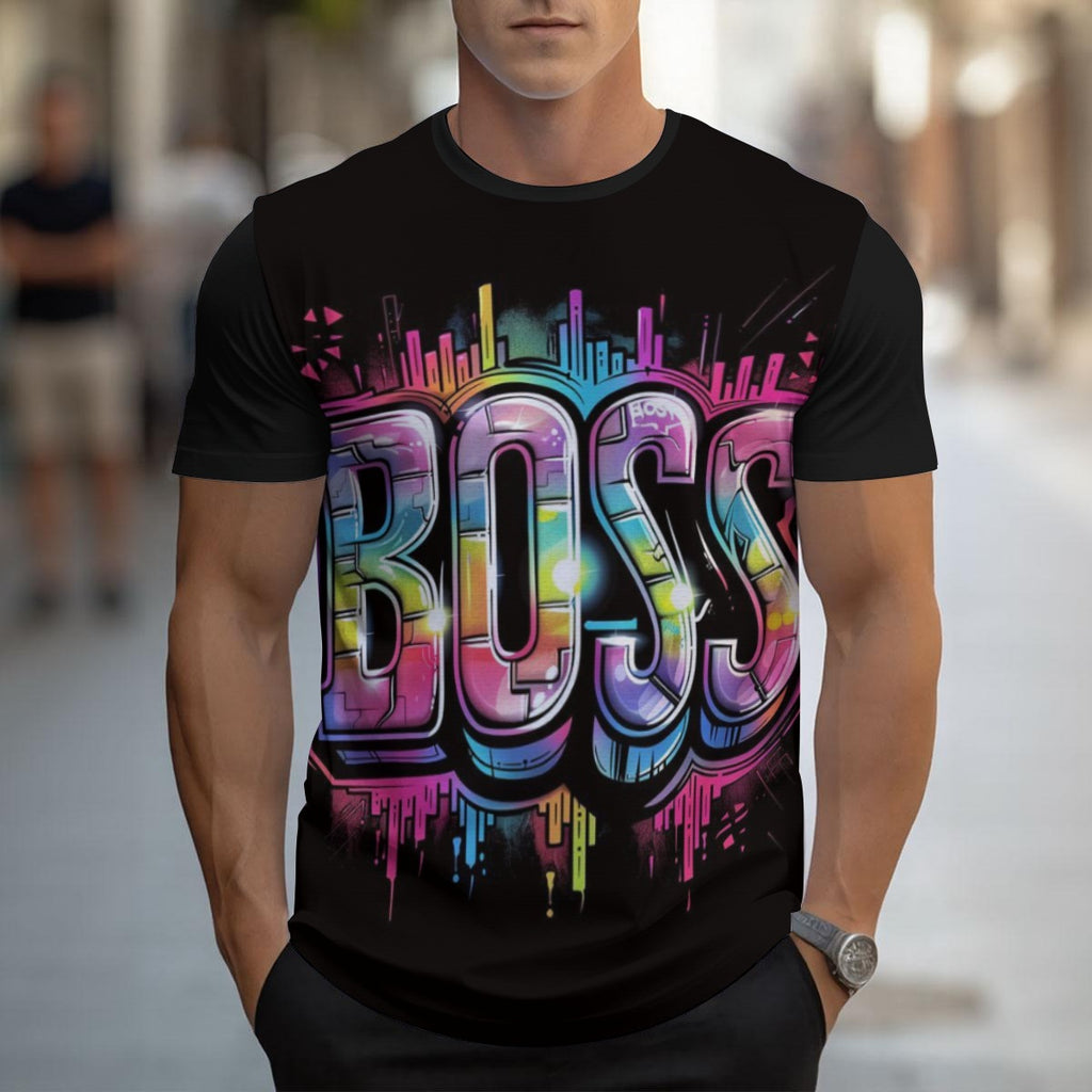 Maglietta uomo nera con stampa graffiti multicolore e logo 'BOSS' davanti