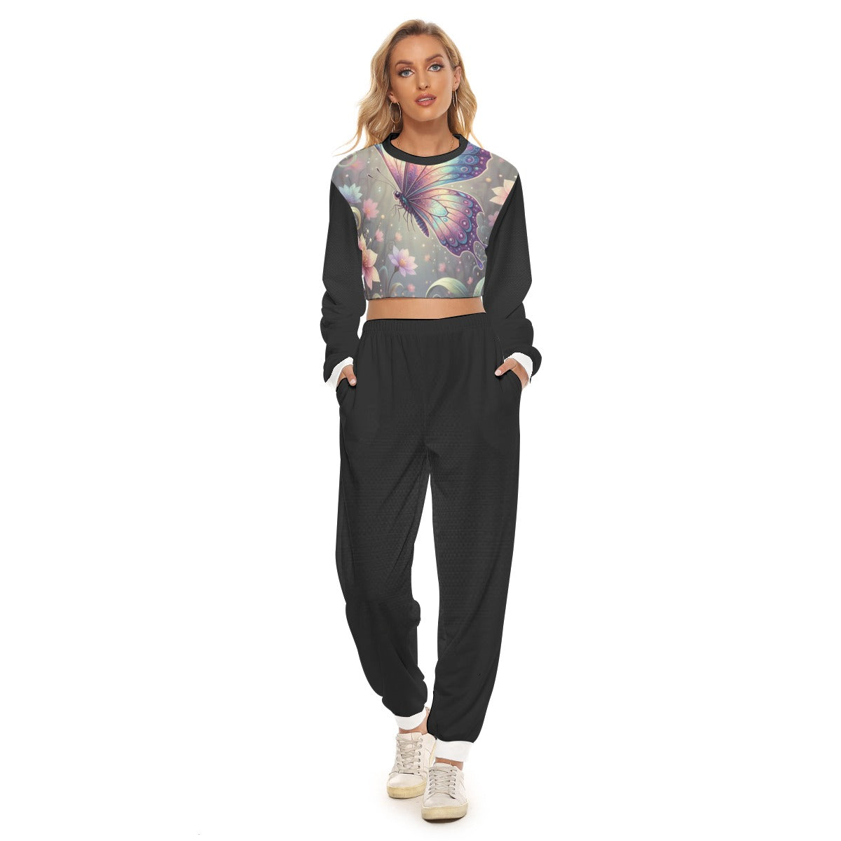 Tuta da donna con top cropped floreale multicolore e pantaloni neri con elastico