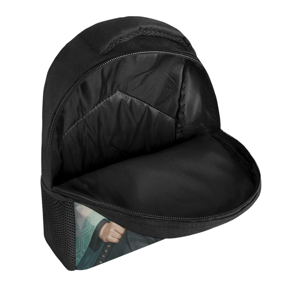 Zaino scolastico nero con tasca frontale e zip, interno imbottito visibile