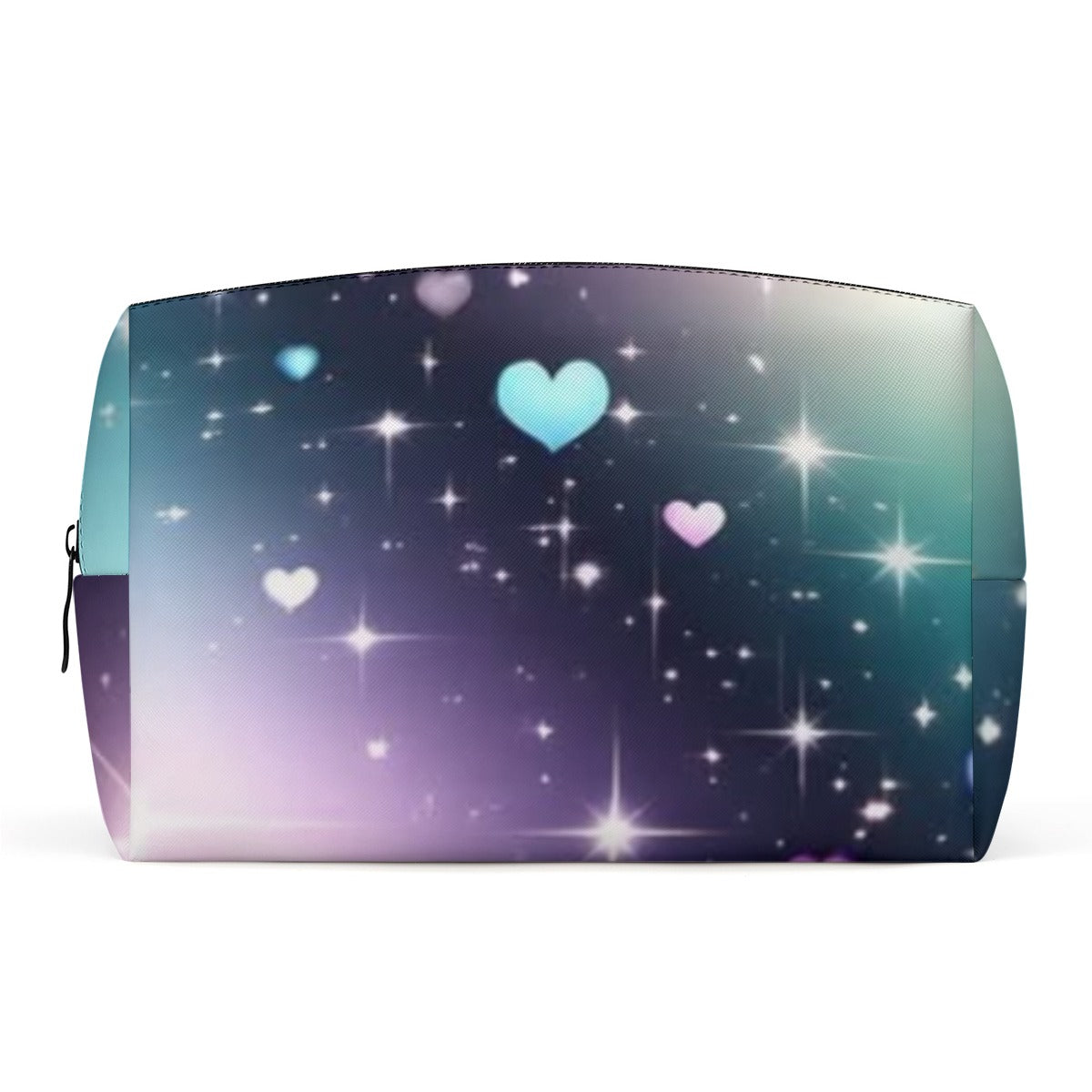 Borsa cosmetica in PU con zip superiore, stampa galassia con cuori e stelle.
