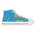 Scarpe canvas alte bambino blu con stampa colorata, lacci bianchi e suola bianca