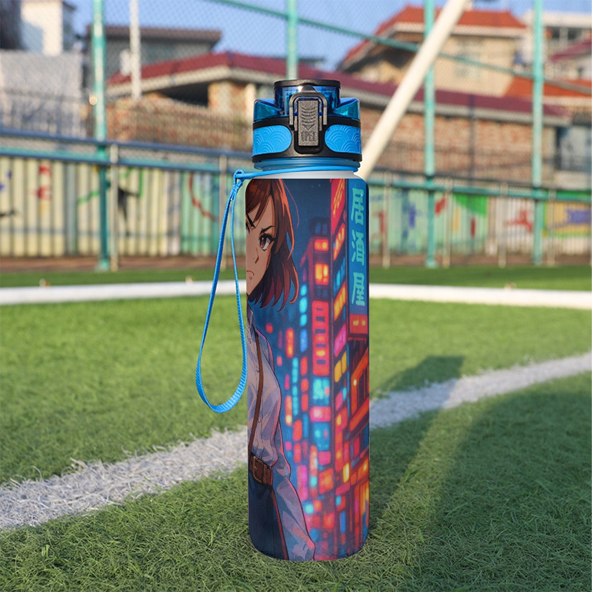 32 oz spor su şişesi; mavi kapak ve boyun askılı, dikey dijital baskılı