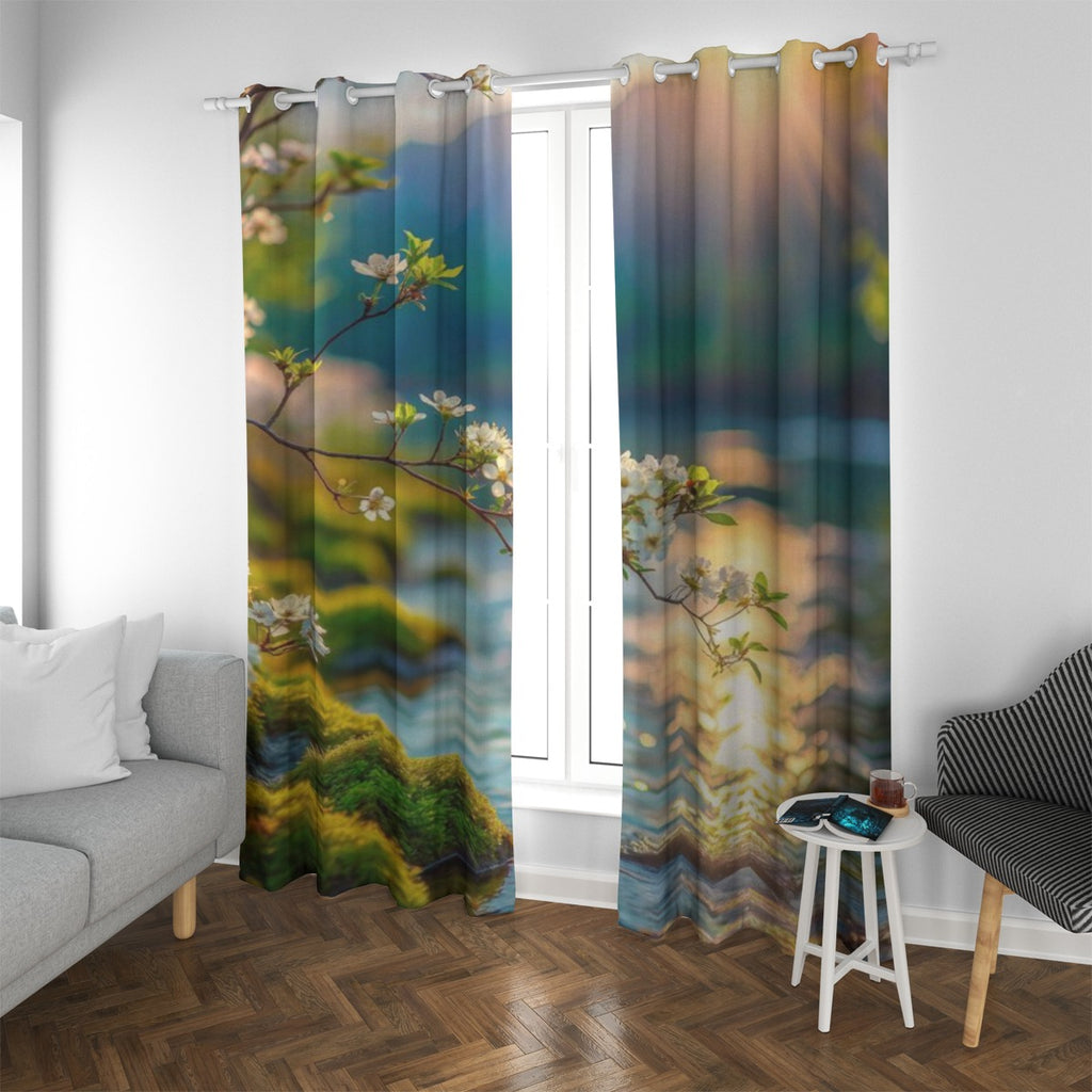 Tenda con occhielli multicolore con stampa natura su finestra