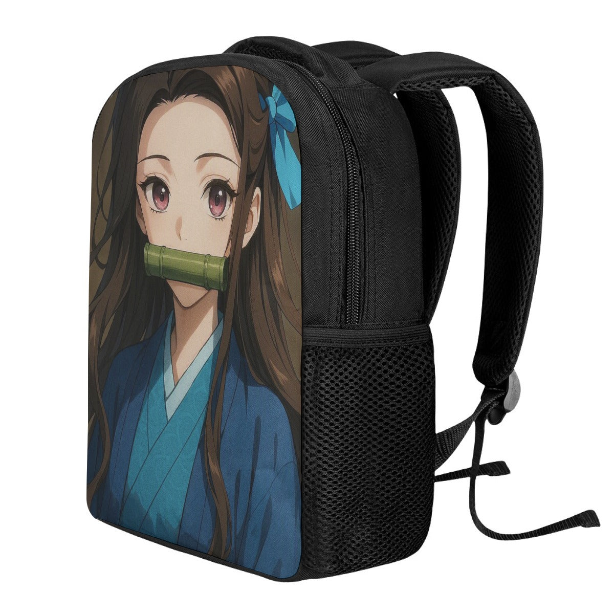 Zaino scolastico nero con stampa personaggio anime, tasca con zip e tracolla
