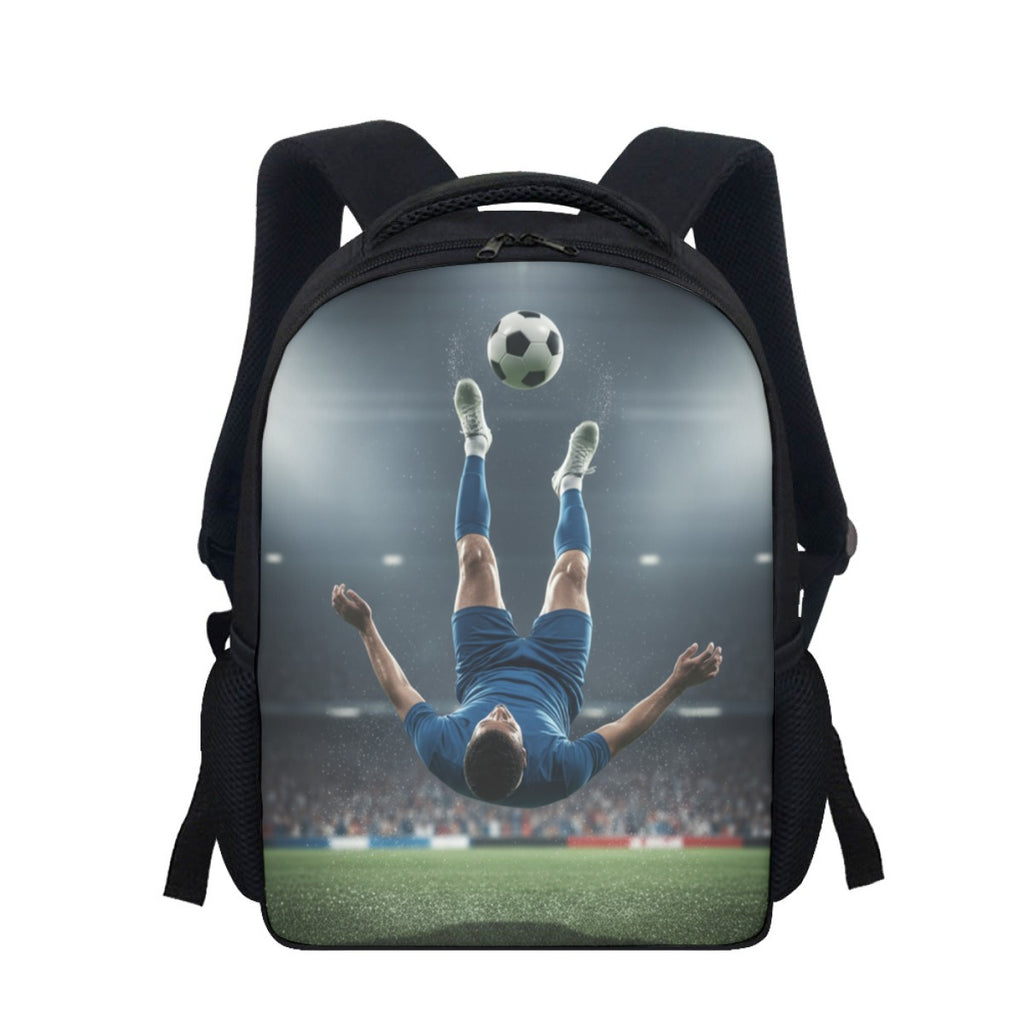 Siyah öğrenci sırt çantası, futbolcu baskılı ön yüz ve ayarlanabilir omuz askıları