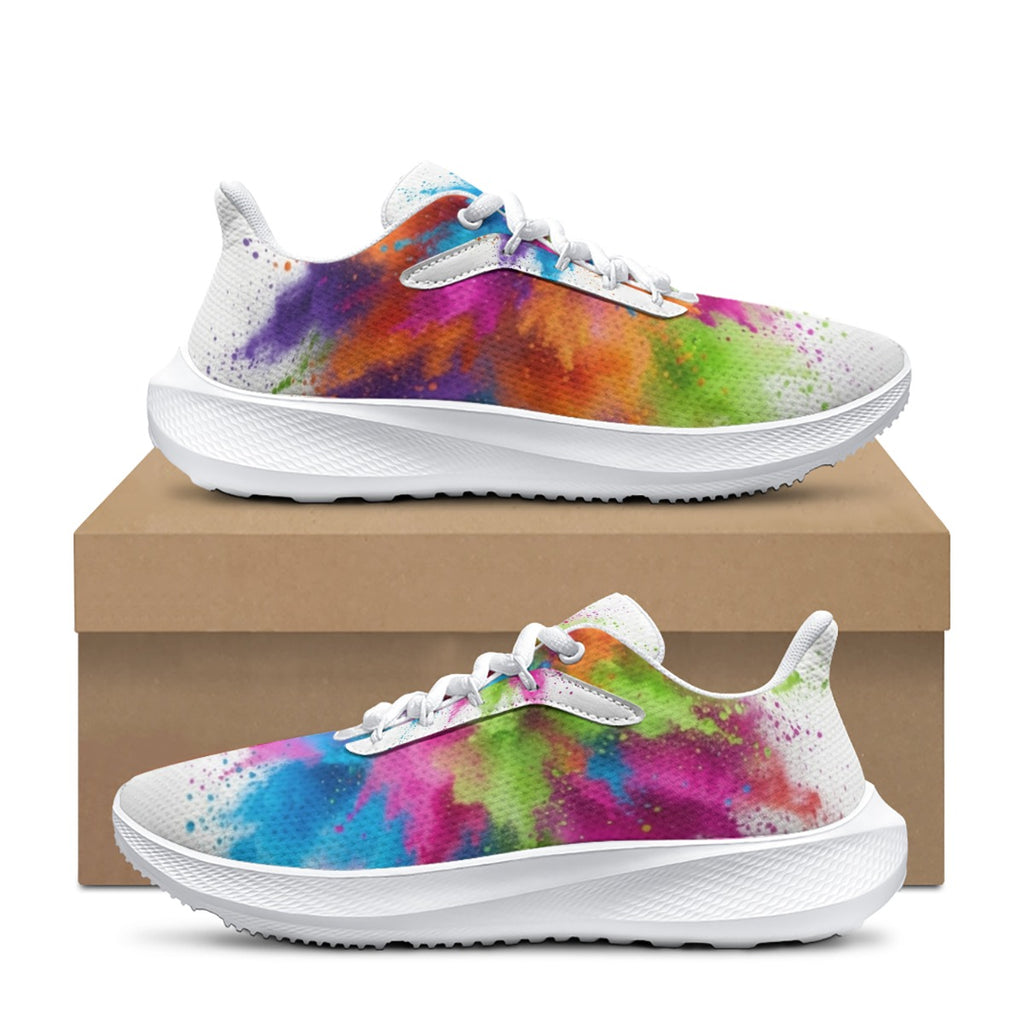 Scarpe running donna multicolore a spruzzi, lacci bianchi e suola bianca