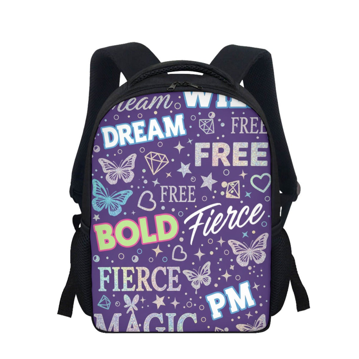 Zaino per studenti nero con spallacci e stampa viola con scritte DREAM FREE BOLD