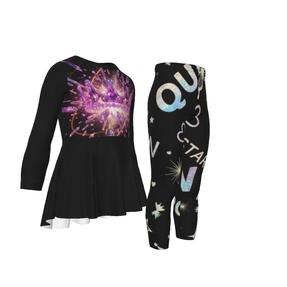 Set bimba: tunica nera con grafica viola e leggings neri con stelle e scritte.