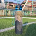 Borraccia sportiva 32 oz trasparente, tappo blu e stampa anime sul davanti