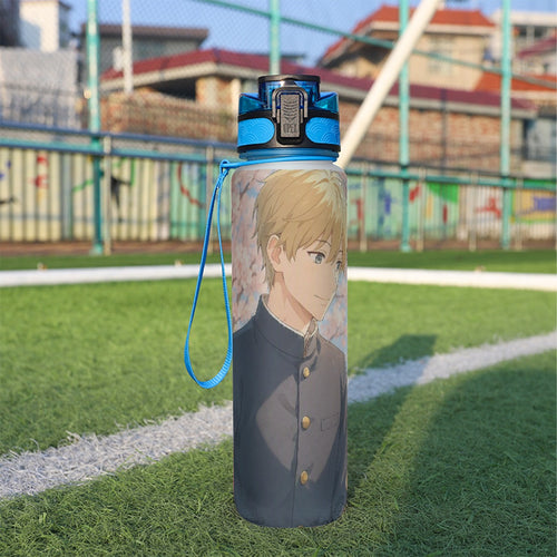 Borraccia sportiva 32 oz trasparente, tappo blu e stampa anime sul davanti