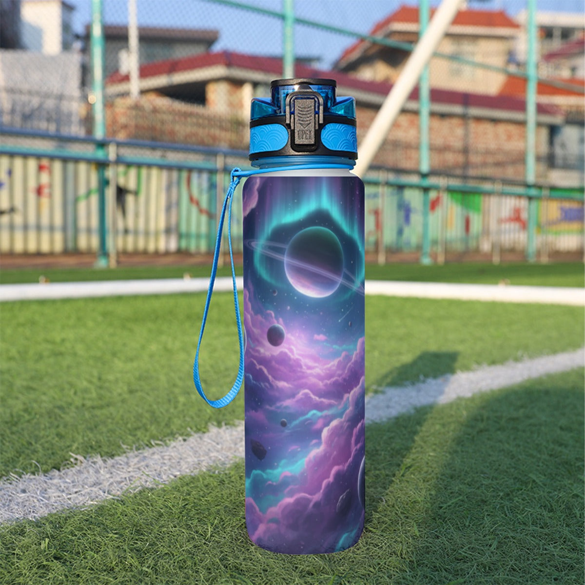 Borraccia sportiva 32 oz blu con tappo e stampa galassia, cinturino laterale