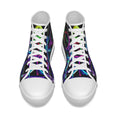 Scarpe alte bimbo in tela nera, lacci bianchi, grafica neon viola/verde, suola bianca