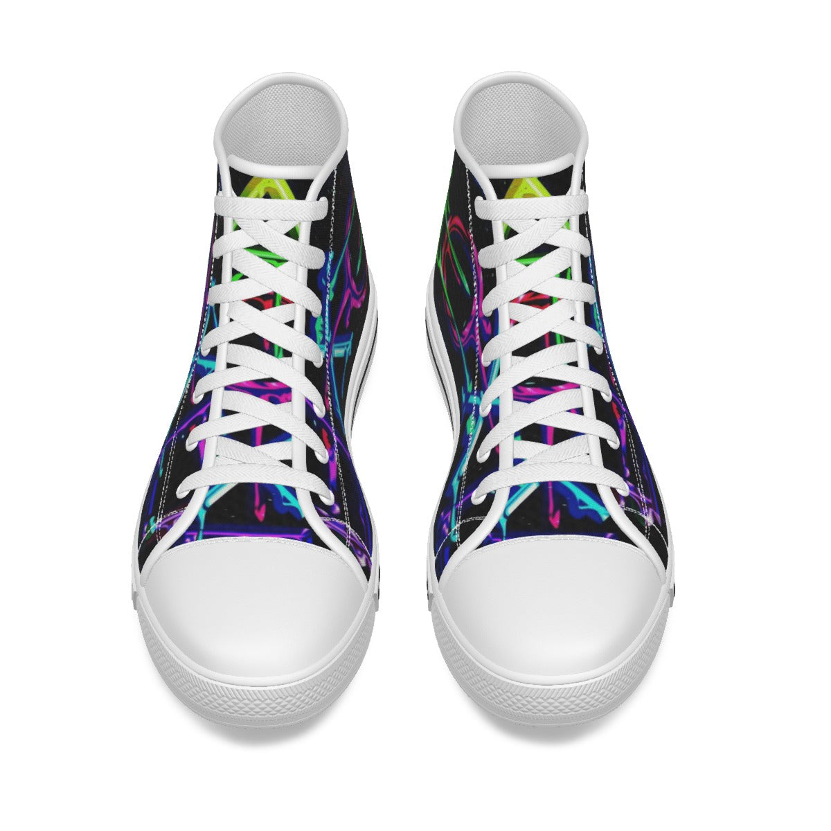 Scarpe alte bimbo in tela nera, lacci bianchi, grafica neon viola/verde, suola bianca